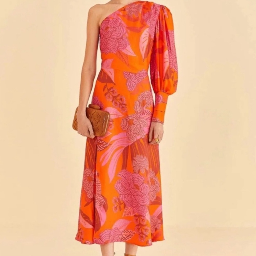 Farm Rio Red Dewdrop Floral One Shoulder Dress size Small